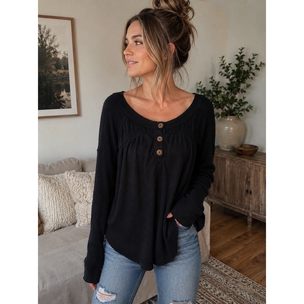 We The Free Free People Black Waffle Knit Henley Top Long Sleeve Small Boho